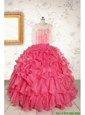 2015 Pretty Beading and Ruffles Hot Pink Quinceanera Dresses with Strapless