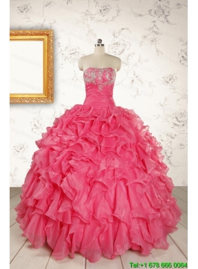 2015 Pretty Beading and Ruffles Hot Pink Quinceanera Dresses with Strapless