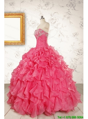 2015 Pretty Beading and Ruffles Hot Pink Quinceanera Dresses with Strapless