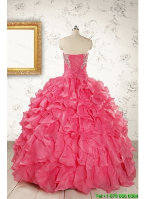 2015 Pretty Beading and Ruffles Hot Pink Quinceanera Dresses with Strapless