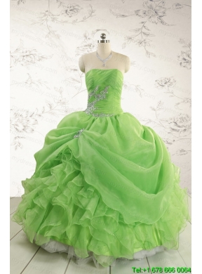 2015 Puffy Strapless Appliques Quinceanera Dresses in Spring Green