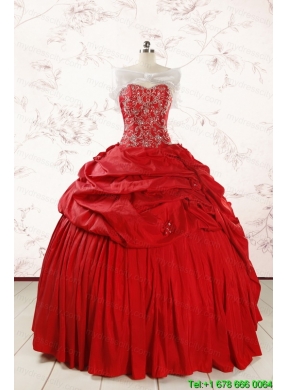 2015 Puffy Sweetheart Beading Quinceanera Dresses in Red