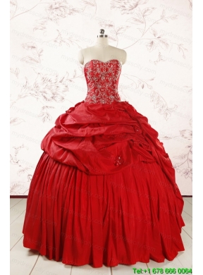 2015 Puffy Sweetheart Beading Quinceanera Dresses in Red