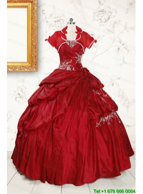 Ball Gown Sweetheart Appliques 2015 Quinceanera Dress in Wine Red