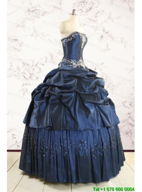 Cheap Navy Blue Quinceanera Dress with Embroidery and Pick Ups