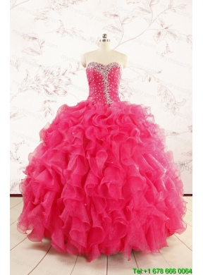 2015 Pretty Beading Sweet 15 Dresses in Hot Pink