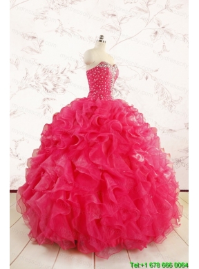 2015 Pretty Beading Sweet 15 Dresses in Hot Pink