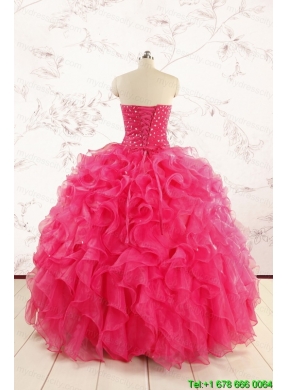 2015 Pretty Beading Sweet 15 Dresses in Hot Pink
