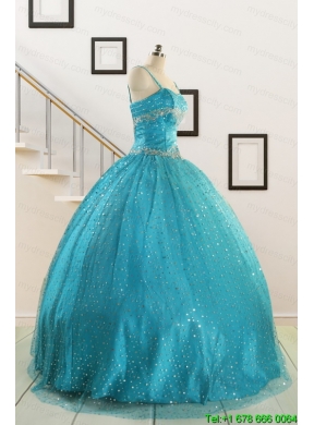 Perfect Spaghetti Straps Appliques Sequins Turquoise Quinceanera Dresses for 2015