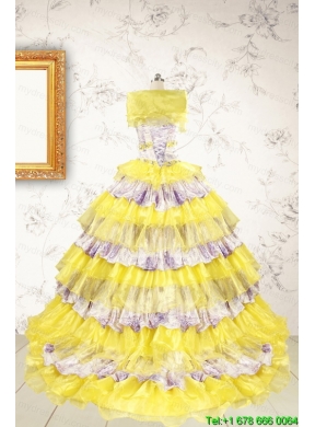 Popular Beading Yellow Sweet 15 Dresses with Sweep Train