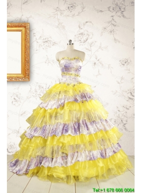 Popular Beading Yellow Sweet 15 Dresses with Sweep Train