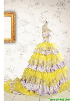 Popular Beading Yellow Sweet 15 Dresses with Sweep Train