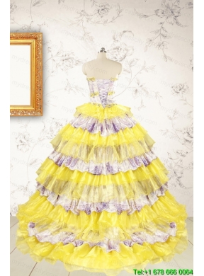 Popular Beading Yellow Sweet 15 Dresses with Sweep Train