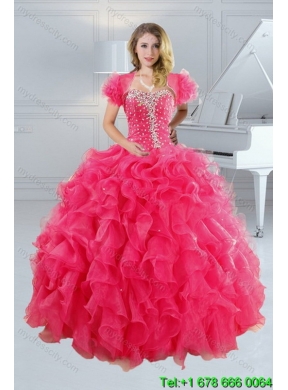 2015 Designer Hot Pink Sweetheart Sweet 15 Dresses with Beading and Ruffles