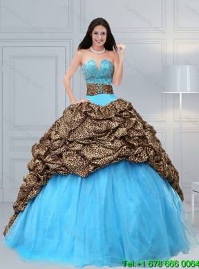 2015 Designer Leopard Print Baby Blue Quinceanera Dresses with Brush Train and Beading