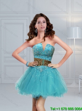 2015 Designer Leopard Print Baby Blue Quinceanera Dresses with Brush Train and Beading