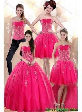 2015 Designer Strapless Hot Pink Dresses for Quince with Appliques