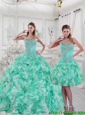 2015 Designer Sweetheart Quinceanera Dresses in Apple Green with Ruffles and Beading