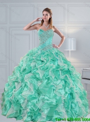 2015 Designer Sweetheart Quinceanera Dresses in Apple Green with Ruffles and Beading
