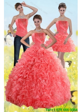 2015 Designer Watermelon Sweet 15 Dresses with Beading and Ruffles