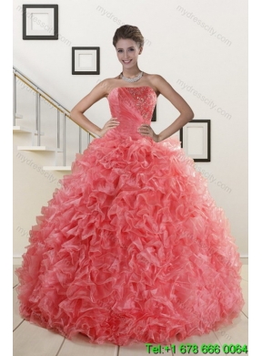 2015 Designer Watermelon Sweet 15 Dresses with Beading and Ruffles