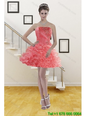 2015 Designer Watermelon Sweet 15 Dresses with Beading and Ruffles