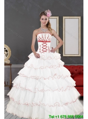 2015 Designer White Quinceanera Dresses with Appliques and Ruffled Layers