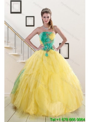 Designer 2015 Strapless Yellow and Green Sweet 15 Dresses with Ruching