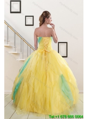 Designer 2015 Strapless Yellow and Green Sweet 15 Dresses with Ruching
