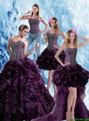 Designer Burgundy Sweetheart Quince Dress with Ruffles and Beading