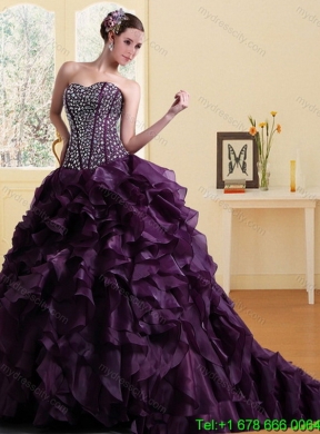 Designer Burgundy Sweetheart Quince Dress with Ruffles and Beading