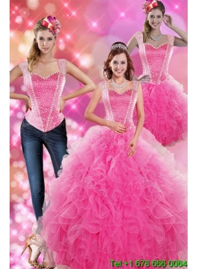 Designer Hot Pink 2015 Quinceanera Gown with Beading and Ruffles