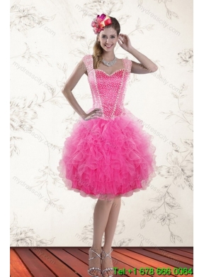 Designer Hot Pink 2015 Quinceanera Gown with Beading and Ruffles