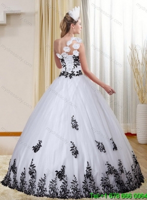 Designer One Shoulder White and Black Quinceanera Dress with  Appliques for 2015