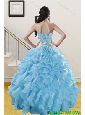 Designer Ruffles and Beading Baby Blue Quince Dresses for 2015