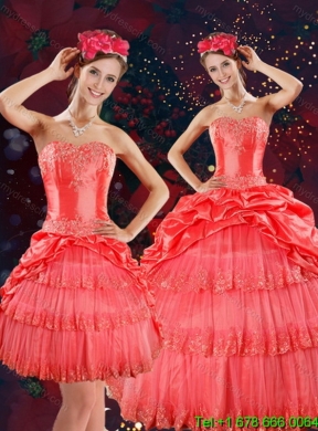 Designer Strapless Quinceanera Dresses with Beading and Pick Ups in Coral Red