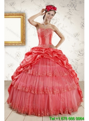 Designer Strapless Quinceanera Dresses with Beading and Pick Ups in Coral Red