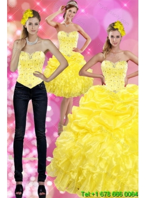 Designer Yellow 2015 Quince Dresses with Beading and Ruffles