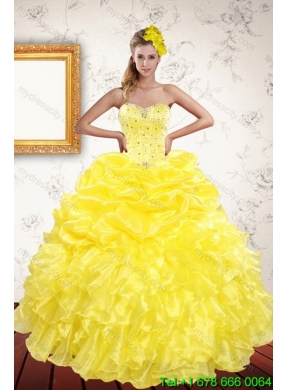 Designer Yellow 2015 Quince Dresses with Beading and Ruffles