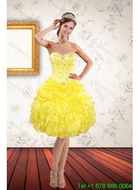 Designer Yellow 2015 Quince Dresses with Beading and Ruffles