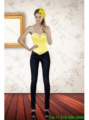 Designer Yellow 2015 Quince Dresses with Beading and Ruffles