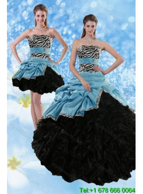 Designer Zebra Print Multi Color Strapless Quince Dresses with Ruffles and Pick Ups