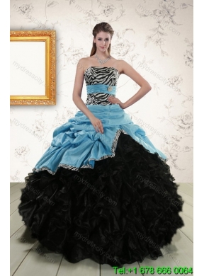 Designer Zebra Print Multi Color Strapless Quince Dresses with Ruffles and Pick Ups