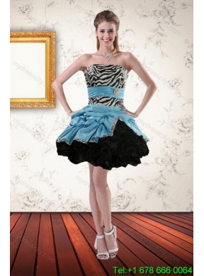Designer Zebra Print Multi Color Strapless Quince Dresses with Ruffles and Pick Ups