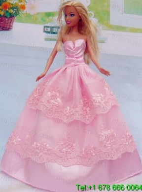 Embroidery Floor-length Rose Pink For Princess Barbie Doll Dress