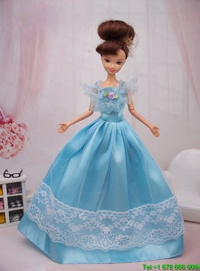 Aqua Blue Hand Made Flower Princess Barbie Doll Dress