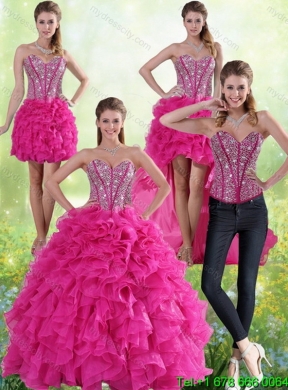 Detachable Hot Pink Sweetheart Quinceanera Skirts with Beading and Ruffles