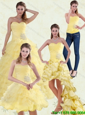 Detachable Yellow Beaded and Ruffled Sweetheart Quinceanera Dress for 2015