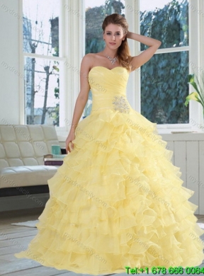 Detachable Yellow Beaded and Ruffled Sweetheart Quinceanera Dress for 2015