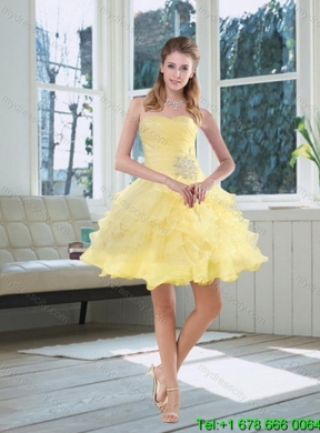 Detachable Yellow Beaded and Ruffled Sweetheart Quinceanera Dress for 2015